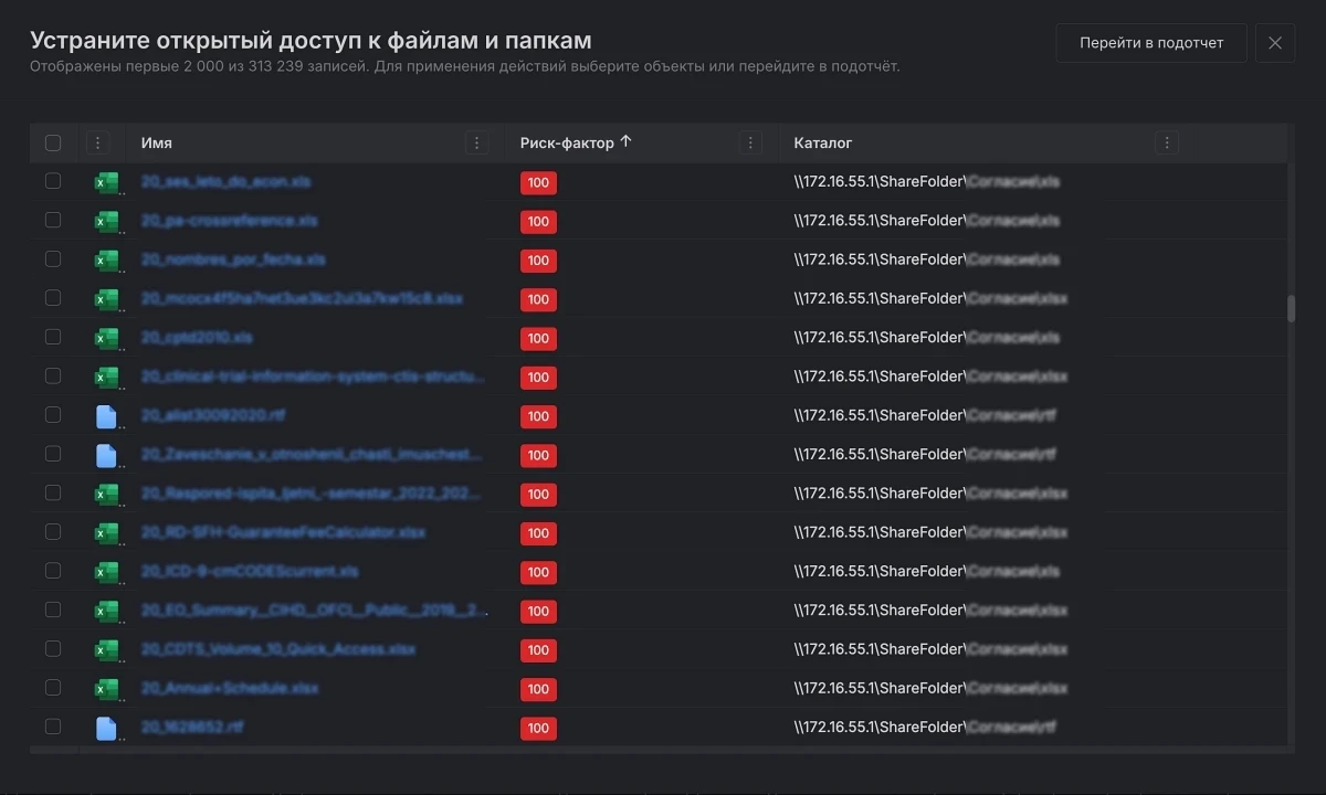 Гарда DCAP: отчёт об открытом доступе к файлам и папкам