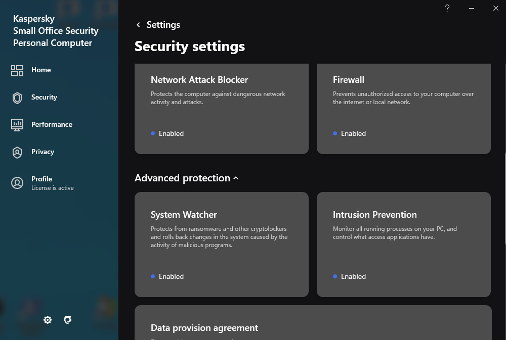 Интерфейс настроек защиты Kaspersky Small Office Security