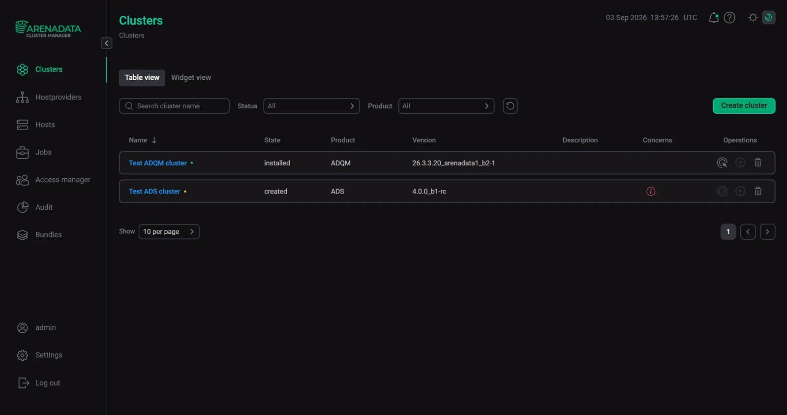 Управление кластерами в интерфейсе Arenadata Cluster Manager