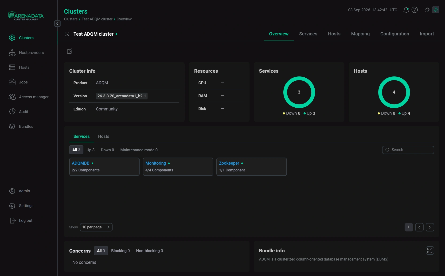 Страница кластера в Arenadata Cluster Manager